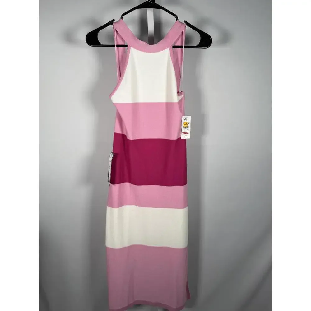 NWT Bebe Women's Midi Dress Pink White Striped Halter Neck New with Tags Size L - Picture 2 of 6